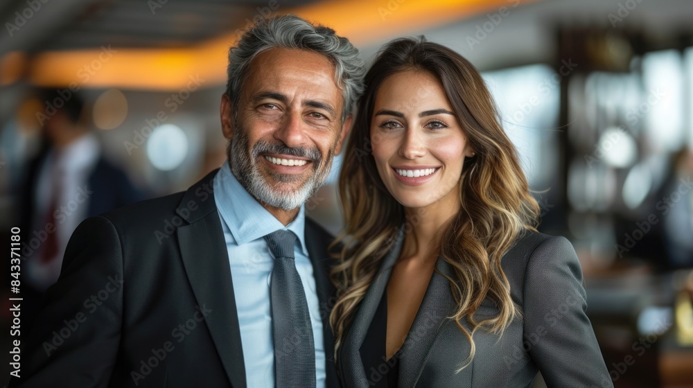 A man and woman, both dressed in suits, smile for the camera A man and woman, both dressed in suits, smile for the camera
