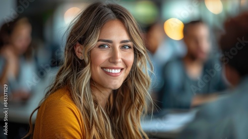 A woman with long blonde hair smiles brightly while sitting in a cafe