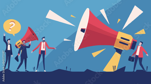 People announce advertising with megaphone vector illustration. Awareness focus loud speaker man and woman. Business banner marketing group media. Speech news promotion network leadership poster