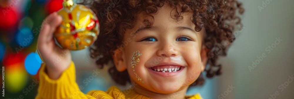 Joyful Young Boy with Curly Hair Celebrates Christmas Holding a Shiny Ornament, Glitter on Cheek, in Festive Indoor Setting