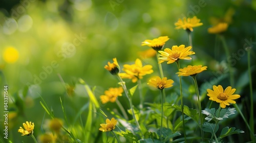 Sunny field of yellow daisies in green grass with sun in background for nature and travel concepts