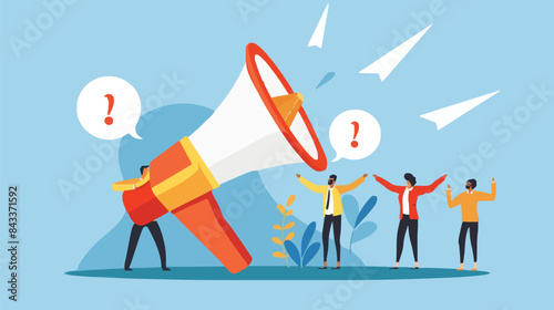 People announce advertising with megaphone vector illustration. Awareness focus loud speaker man and woman. Business banner marketing group media. Speech news promotion network leadership poster