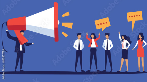 People announce advertising with megaphone vector illustration. Awareness focus loud speaker man and woman. Business banner marketing group media. Speech news promotion network leadership poster