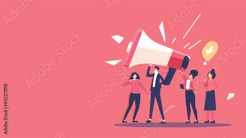 People announce advertising with megaphone vector illustration. Awareness focus loud speaker man and woman. Business banner marketing group media. Speech news promotion network leadership poster