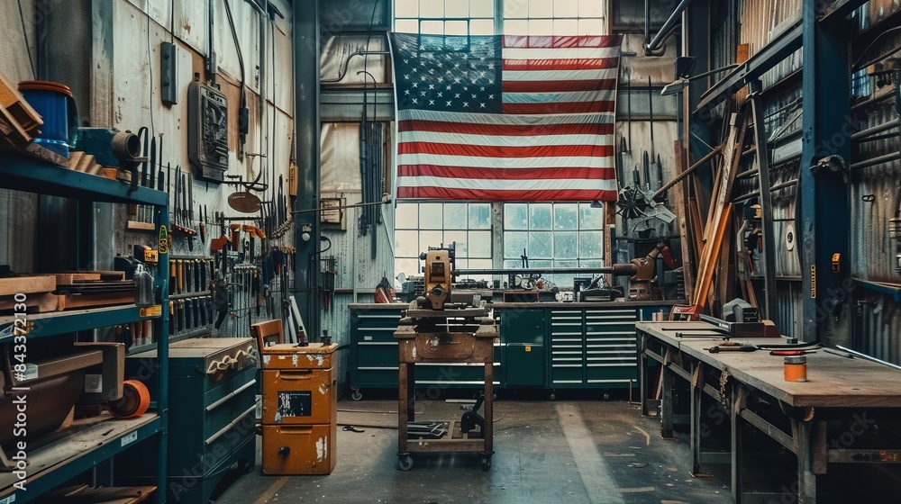 Industrial Workshop with American Flag, Tools, and Machinery in a Sunlit Space, Capturing the Essence of Craftsmanship and Hard Work in a Modern Manufacturing Environment Industrial Workshop with American Flag, Tools, and Machinery in a Sunlit Space, Capturing the Essence of Craftsmanship and Hard Work in a Modern Manufacturing Environment