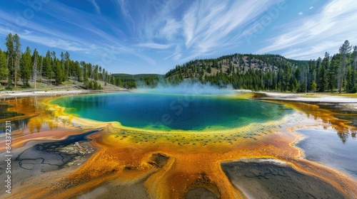 Vibrant geothermal hot spring with colorful mineral deposits under a clear blue sky  surrounded by forest and mountains.