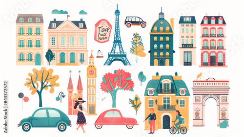 France and Paris cute flat illustrations of Eiffel tower, alleys, street, houses, woman on bicycle, triumphal arch, car on white background. France travel, landmarks. Sticker set