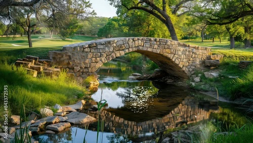 Animation Stone bridge over creek in serene park setting generated with ai photo
