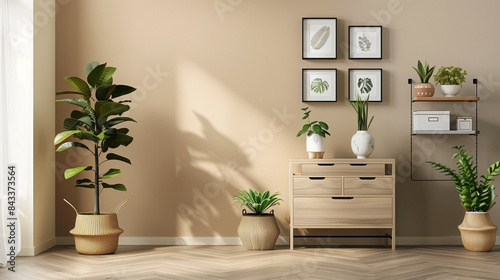 Houseplant  pictures  shelving unit and chest of drawers near beige wall in stylish room 