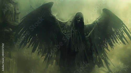 Dark Hooded Figure with Wings in Mist