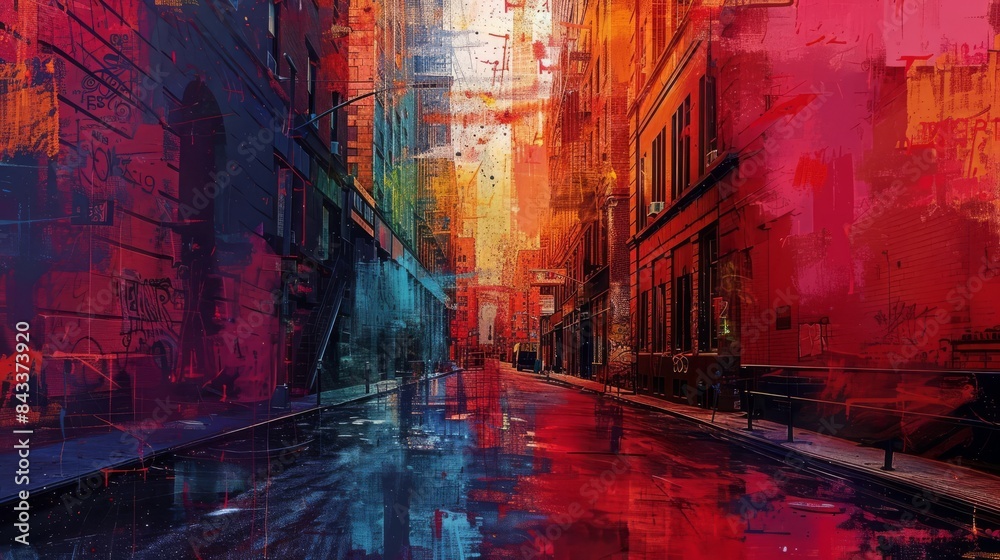 Vibrant abstract painting of a street, with vivid colors blending seamlessly, creating a unique visual experience.