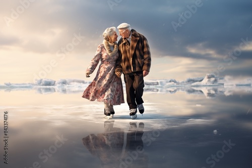 An elderly couple is skating. Happy retirement life