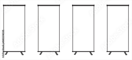 Roll up banner stand isolated on transparent background.Creative vector illustration of empty roll up banners with paper canvas texture isolated on transparent background. photo