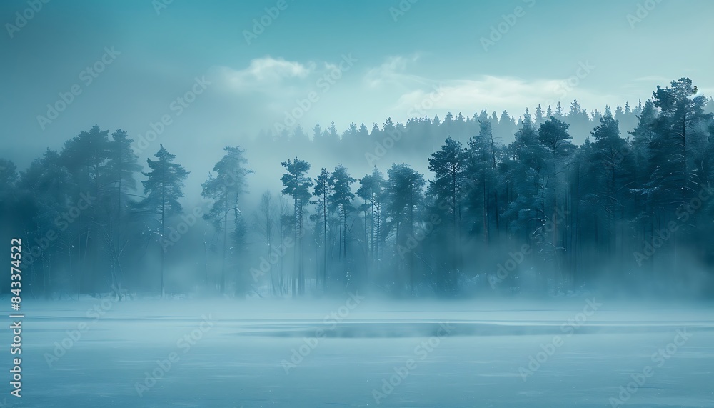 In winter, the sky is blue and white, with dense trees on both sides of an endless frozen lake in front In winter, the sky is blue and white, with dense trees on both sides of an endless frozen lake in front