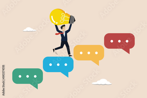 Success motivation, comment, communication to support employee concept, businessman jumping on suggestion speech bubble bringing idea light bulb.