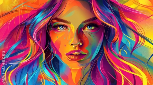 A vibrant 2D animated portrait of a girl with colorful hair styled in a trendy fashion The background features abstract patterns and bright colors enhancing the youthful and playful vibe of the