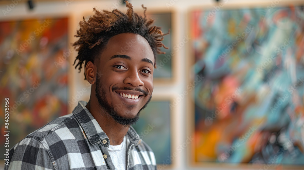 Smiling young man hanging a picture frame in a stylish apartment, showcasing modern interior decor.generative ai Smiling young man hanging a picture frame in a stylish apartment, showcasing modern interior decor.generative ai