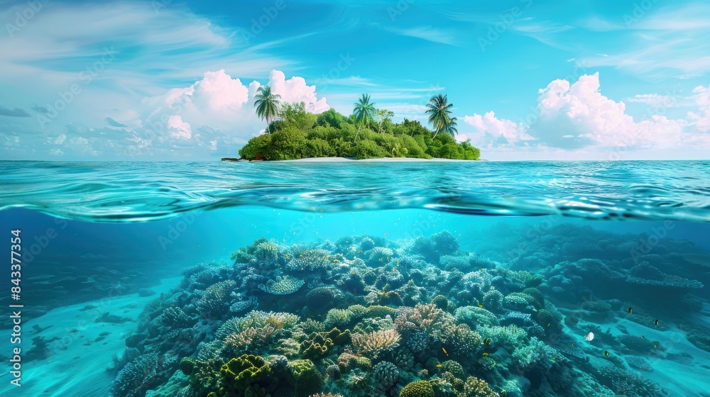 Clear turquoise sea water Beautiful underwater view of a small island. Above and below the surface of the tropical oceans Clear turquoise sea water Beautiful underwater view of a small island. Above and below the surface of the tropical oceans