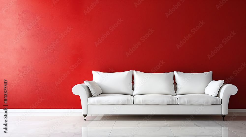 Interior design of white couch on red wall. Interior design of modern white couch on red wall background Interior design of white couch on red wall. Interior design of modern white couch on red wall background