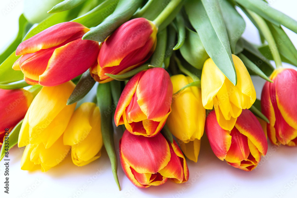 Obraz premium Bouquet of flowers. Yellow and red Tulips on white background. Beautiful flowers for valentines and wedding scene. Valentines and 8 March Mother Women's Day concept. 