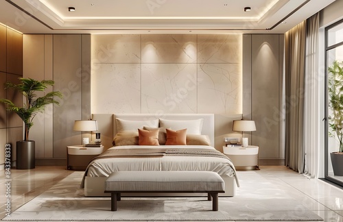 Modern bedroom with a large bed and beige wall panel, a white headboard in the style of luxury mansion interior design of a modern home living room