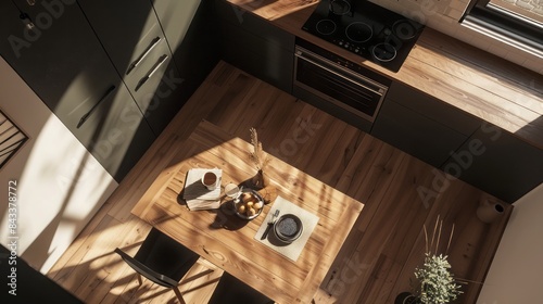 A kitchen with a wooden table and a food stand, simple yet warm with natural light. viewed from above.
