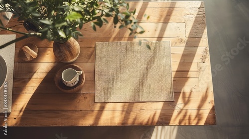 A kitchen with a wooden table and a food stand, simple yet warm with natural light. viewed from above.