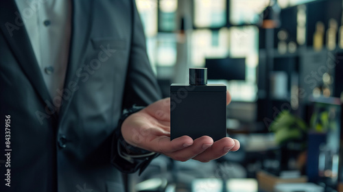mockup black square perfume bottle held by a man in a suit, Ai generated Images