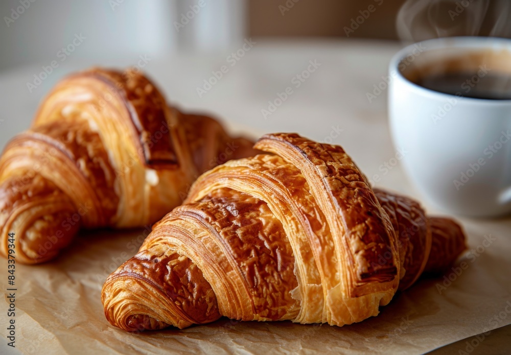 A close up shot of a freshly baked croissant with a golden, flaky crust, with a steaming cup of coffee beside it A close up shot of a freshly baked croissant with a golden, flaky crust, with a steaming cup of coffee beside it