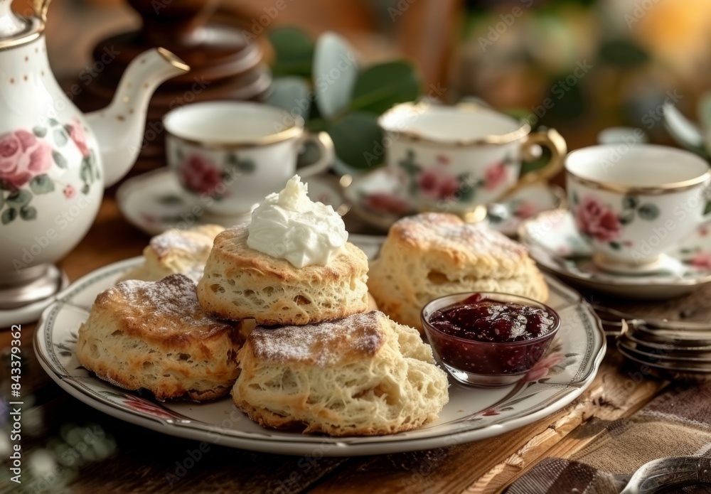 A beautifully arranged breakfast spread featuring freshly baked scones, clotted cream, and jam, with a teapot and teacups set on a wooden table A beautifully arranged breakfast spread featuring freshly baked scones, clotted cream, and jam, with a teapot and teacups set on a wooden table