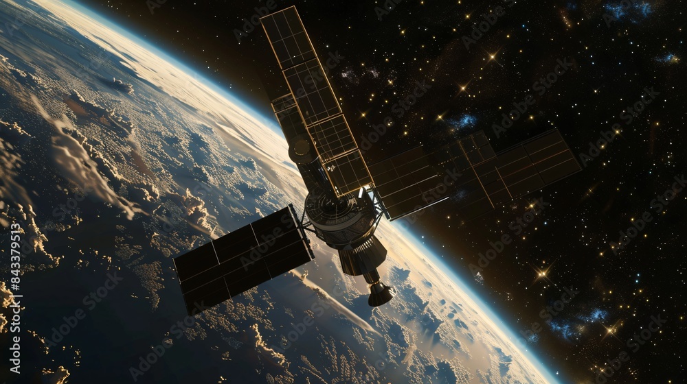 A precise spacecraft, with fully extended solar panels, travels through the infinite void of the cosmos, surrounded by the radiance of faraway stars and the looming existence of our planet. A precise spacecraft, with fully extended solar panels, travels through the infinite void of the cosmos, surrounded by the radiance of faraway stars and the looming existence of our planet.