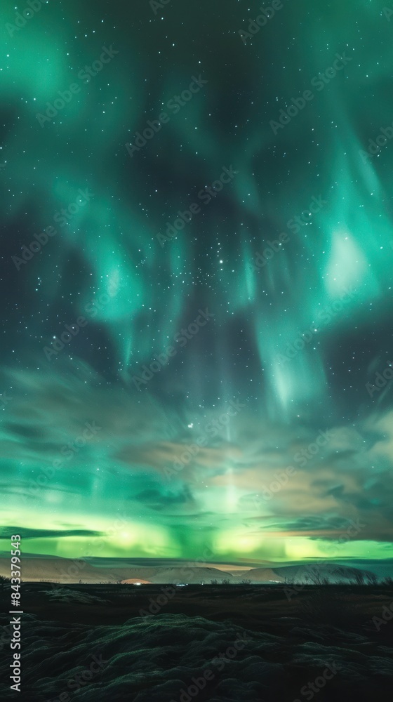 Obraz premium Northern Lights Over Snowy Mountains - Stunning capture of the Northern Lights dancing over snow-capped mountains and a calm lake, reflecting the vibrant auroras in the night sky.