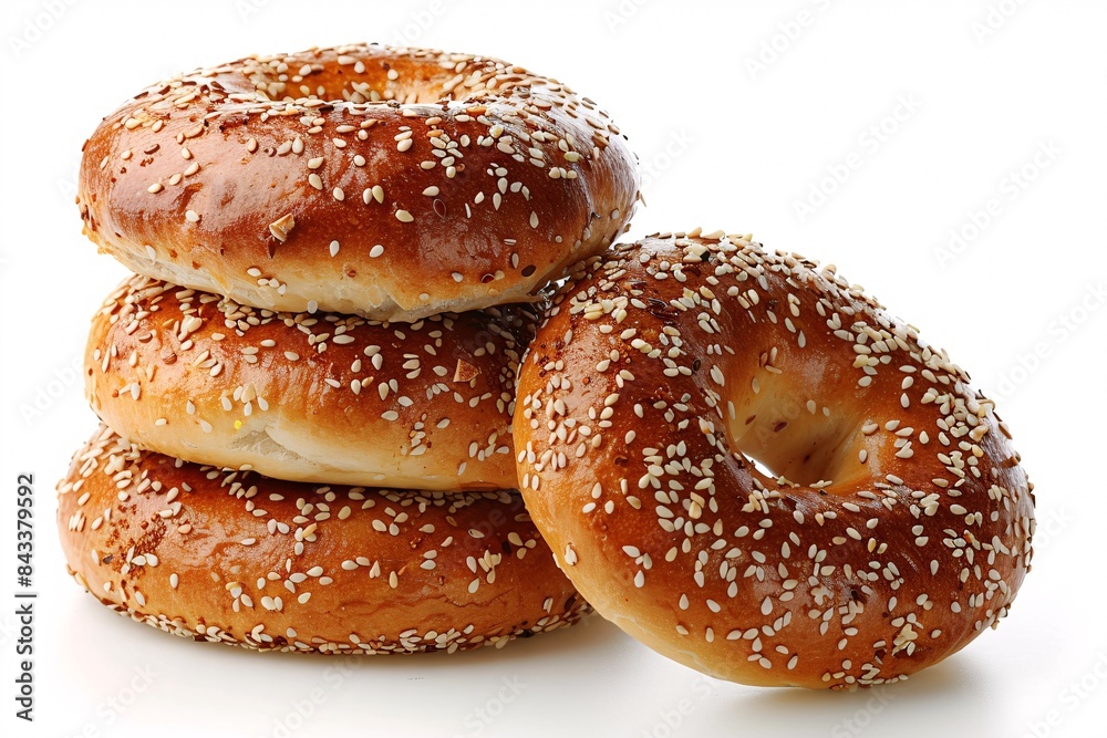 A trio of sesame-studded bagels on a blank canvas showcases a delectable baked good.