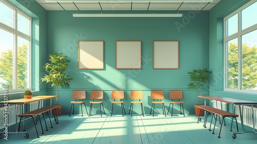 sociology classroom flat design front view concept of education in sociology cartoon drawing vivid colors photo