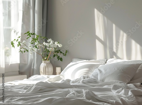 Modern gray bed with white sheets and pillows in a bedroom interior, viewed from the side