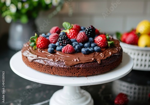 A delectable chocolate cake with glossy ganache and fresh berries on top, beautifully presented on a white cake stand