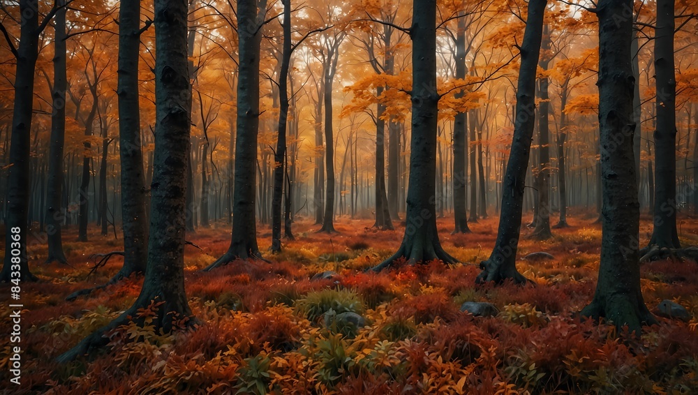 Fototapeta premium The enchanting beauty of a forest ablaze with the fiery hues of autumn ai_generated
