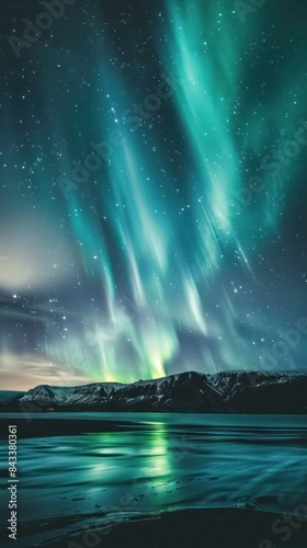 Northern Lights Over Snowy Mountains - Stunning capture of the Northern Lights dancing over snow-capped mountains and a calm lake  reflecting the vibrant auroras in the night sky.