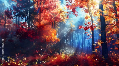Enchanting Autumn Forest Landscape with Vibrant Fall Foliage and Misty Atmosphere