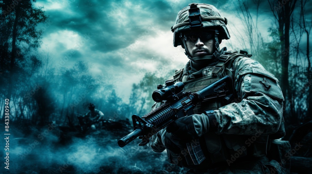 Group of armed military soldiers in camouflage uniforms holding guns in strategic formation Group of armed military soldiers in camouflage uniforms holding guns in strategic formation