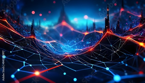 Create an abstract digital artwork that features a futuristic network of interconnected points and lines, glowing with vibrant blue and red hues. The background should be a dark, deep blue, giving a s photo