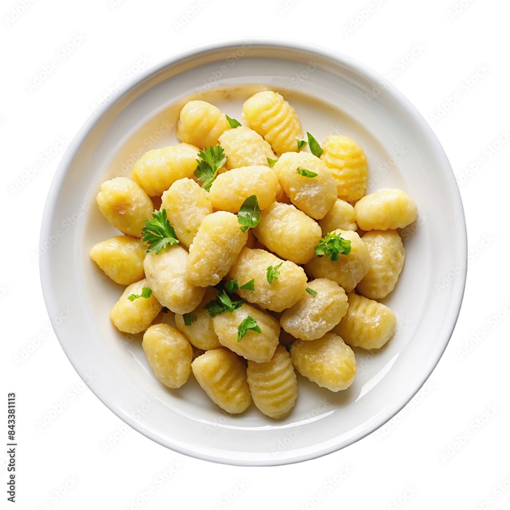 Gnocchion white plate top view Isolated on transparent background Gnocchion white plate top view Isolated on transparent background