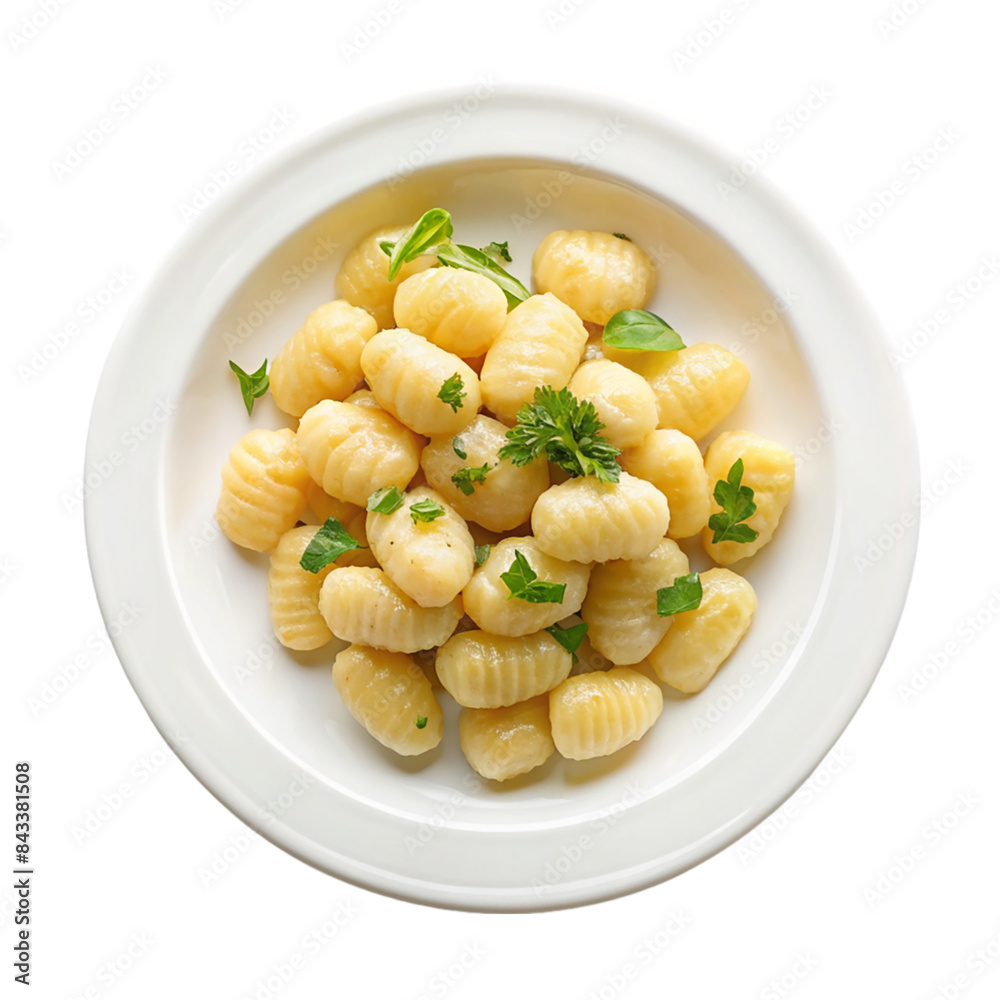 Gnocchion white plate top view Isolated on transparent background Gnocchion white plate top view Isolated on transparent background