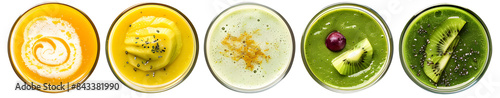 Top view set delicious smoothies in glasses with healthy food