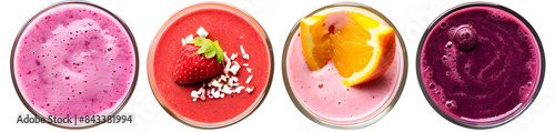 Top view set smoothies in glasses with healthy food