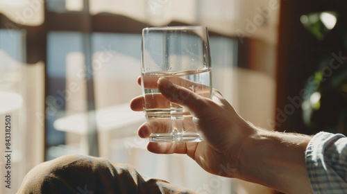 Close-up of a man's hand toasting with a glass of water in a living room.