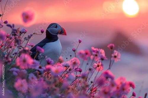 A seabird (Fratercula) at dusk in Iceland perched beside plants and vegetation.