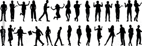 People silhouette vector  dancing  jumping  walking  business  casual  group  human figures  men and women  isolated black outline diverse pose illustration