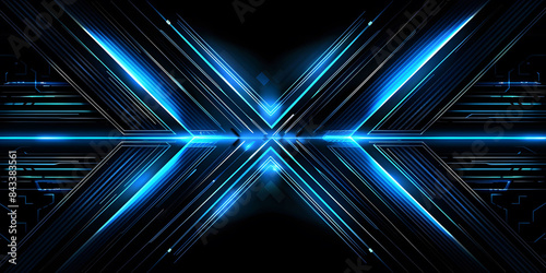 Abstract symmetric black background with blue glowing neon lines, featuring futuristic geometric shapes and fluid stripes, perfect for technology-inspired designs or high-tech digital art. photo