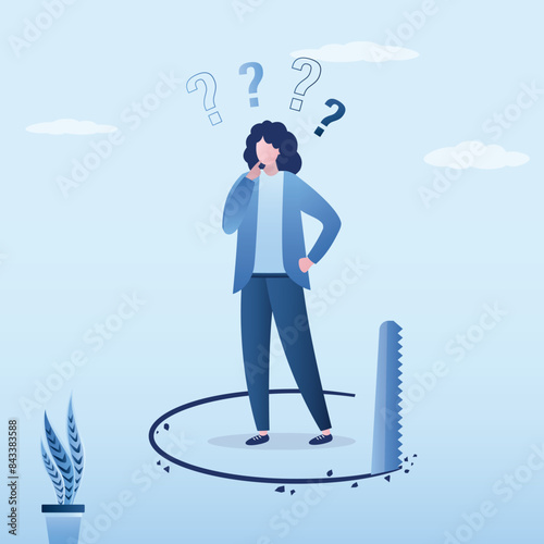 Businesswoman standing and thinking without knowing someone sawing floor to collapse and crash. Unexpected business mistake,